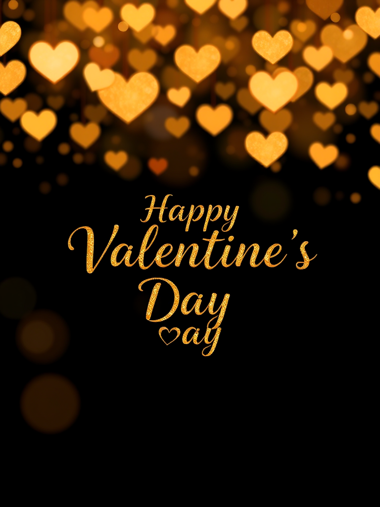 Create a high-resolution romantic design for Valentine's Day with golden hearts and sparkles on a black background, shot with a DSLR camera at f/2.8, ISO 100, 50mm lens for enhanced depth of field and vibrant colors.