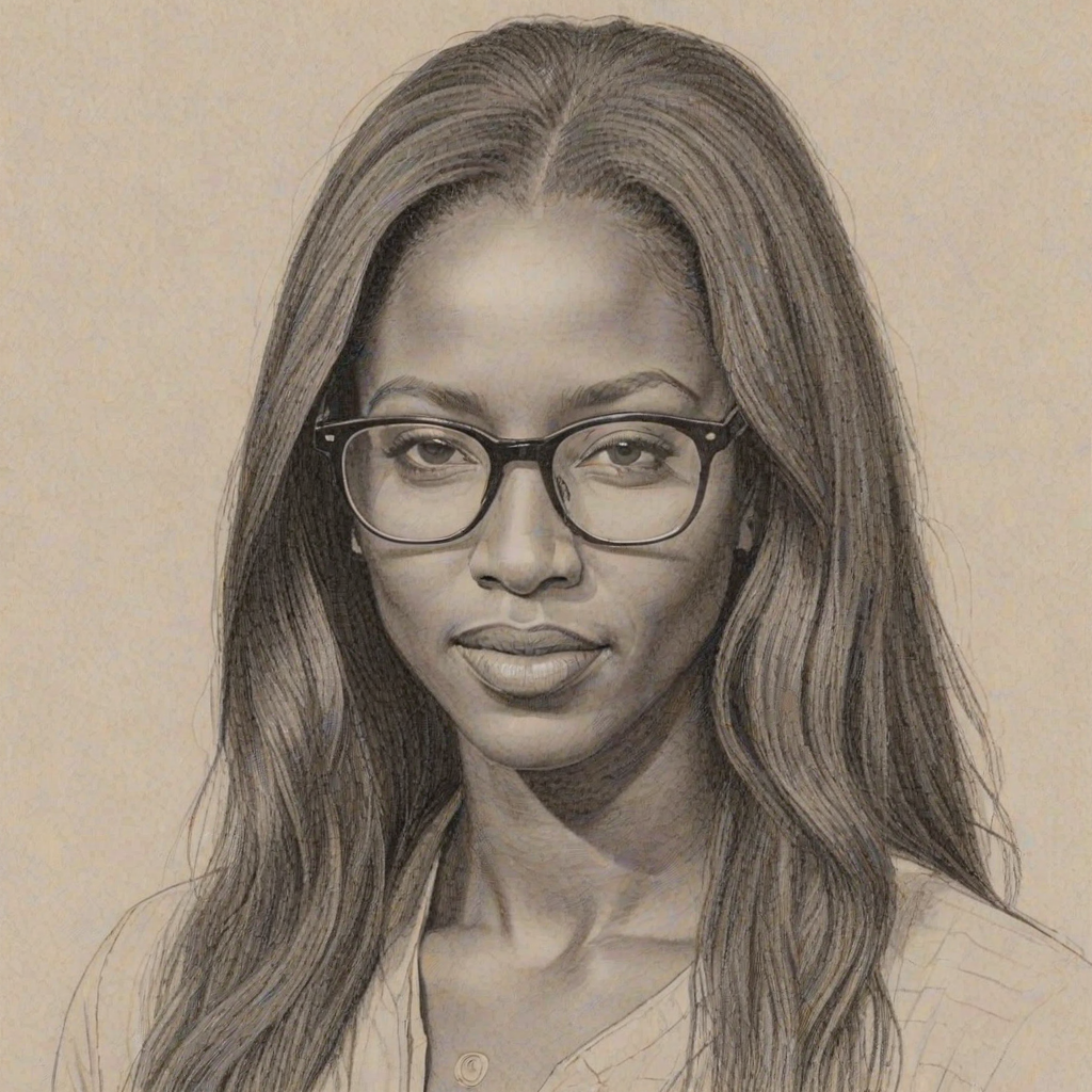 Sublime Rutina Wesley, pencil sketch, portrait of Radiant woman 1967s in glasses, hair style beatnik, outline, clear lines, fine lines, 8k