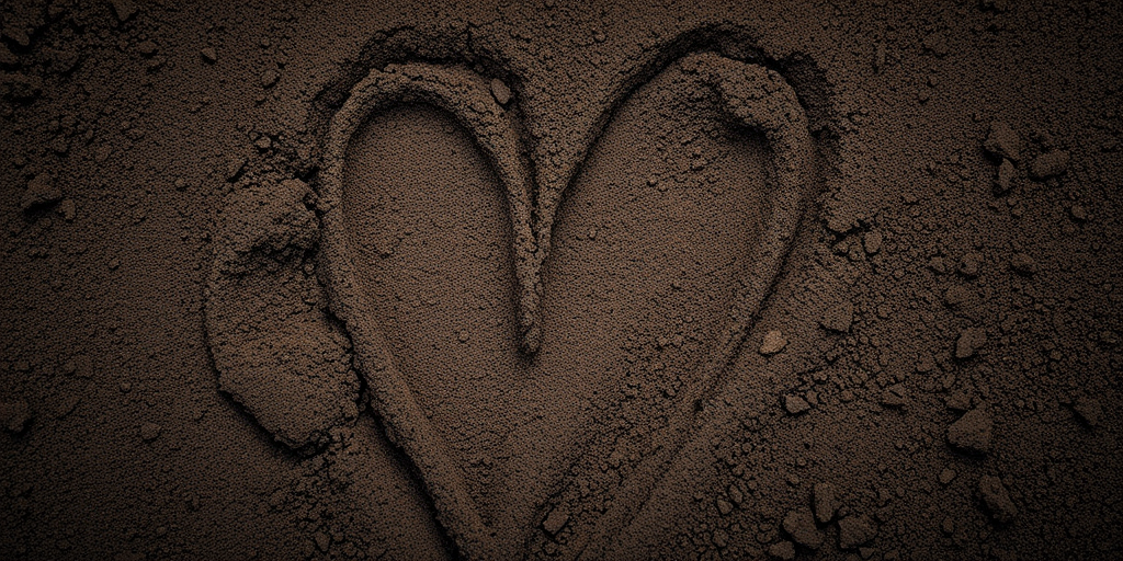 capture a close-up of a heart shaped drawing in dirt on a dark background, use a DSLR camera with a 50mm lens, set aperture to f/1.8, ISO 100, shutter speed 1/200s, natural lighting, focus on texture and contrast