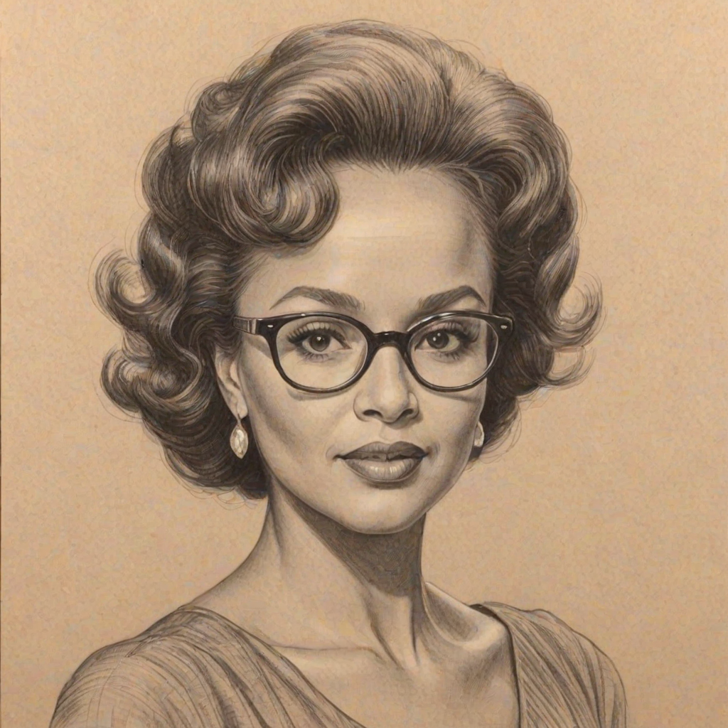 Magnificent Daphne Maxwell Reid, pencil sketch, portrait of Bewitching woman 1956s in glasses, hair style beatnik, outline, clear lines, fine lines, 8k