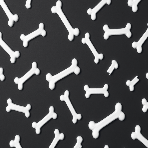 Create a seamless pattern of white dog bones on a dark gray background, shot with a 50mm lens at f/8, using a DSLR camera with a top-down view and high contrast settings for enhanced clarity.