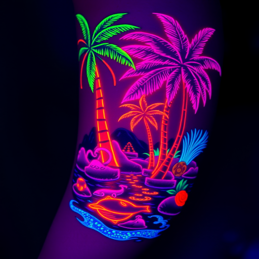 Neon blacklight tattoo called "Electric Oasis" depicting a vibrant tropical scene with glowing palm trees, bioluminescent creatures, and shimmering water, designed to come alive under UV light while remaining subtle in normal lighting conditions