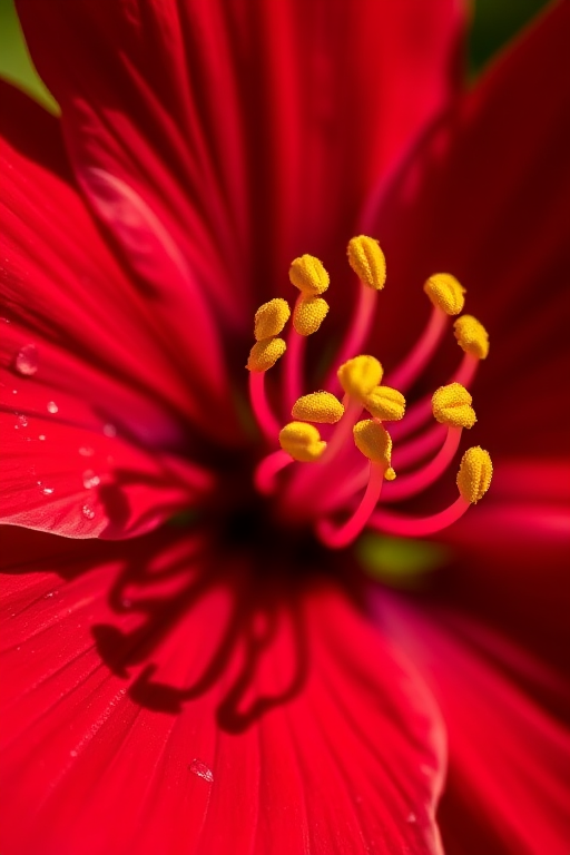 high-resolution close-up of a red flower with yellow stamen, captured in natural light, using a macro lens at f/2.8, ISO 100, 1/200s, DSLR camera style