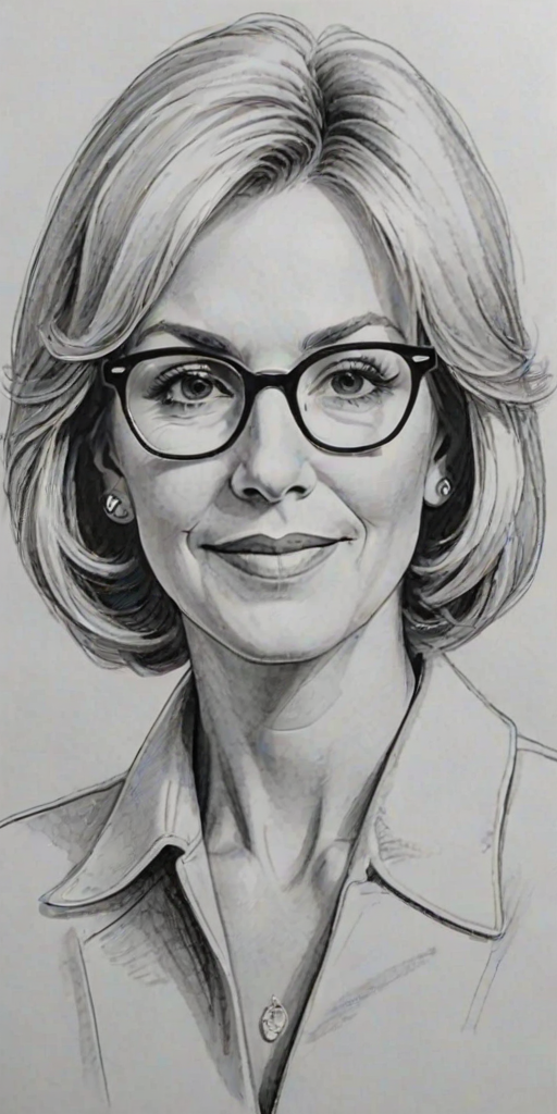 Fetching Betsy DeVos, pencil sketch, portrait of Appealing woman 1964s in glasses, hair style beatnik, outline, clear lines, fine lines, 8k