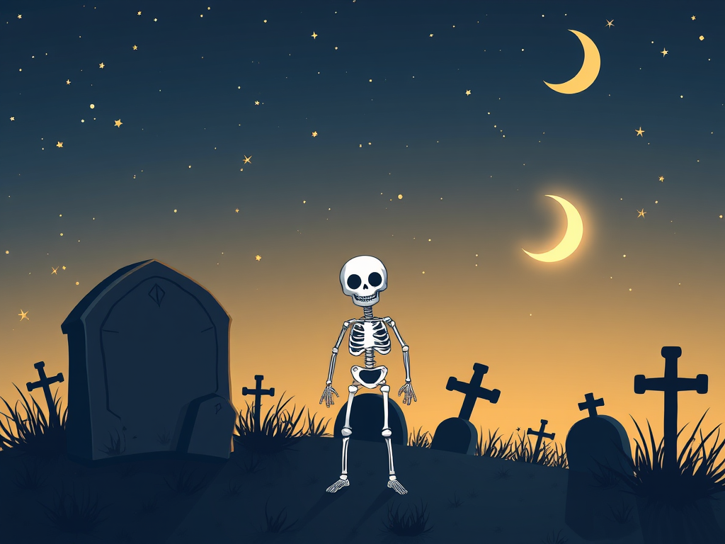 Create a whimsical illustration of a cute skeleton standing in a graveyard under a starry night sky, with a glowing crescent moon, using a DSLR camera with a 50mm lens, f/2.8 aperture, ISO 200, and a wide-angle view to enhance depth and clarity.