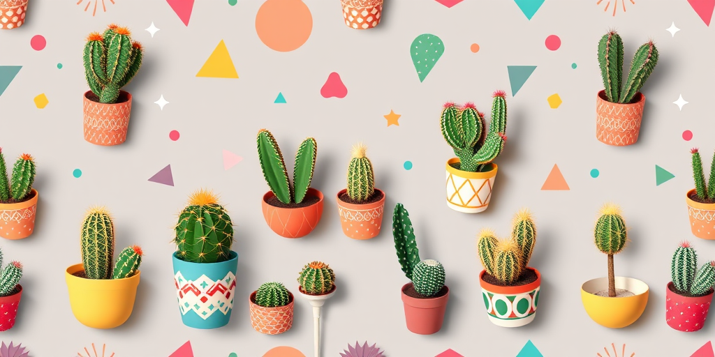 create a colorful seamless pattern featuring various cacti in decorative pots against a muted gray background with geometric shapes in vibrant colors, use a Canon EOS R5 with a 50mm lens, f/8 aperture, ISO 200, shoot from a top down view, use natural light for soft shadows and vibrant colors