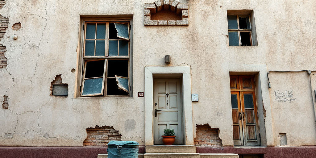 Create a detailed 3D rendering of a worn, cracked building with visible damage, showcasing broken windows and a door with a small potted plant, captured with a DSLR camera at f/8 aperture, ISO 100, 35mm focal length, in a low-angle view to emphasize the structure's height and texture.