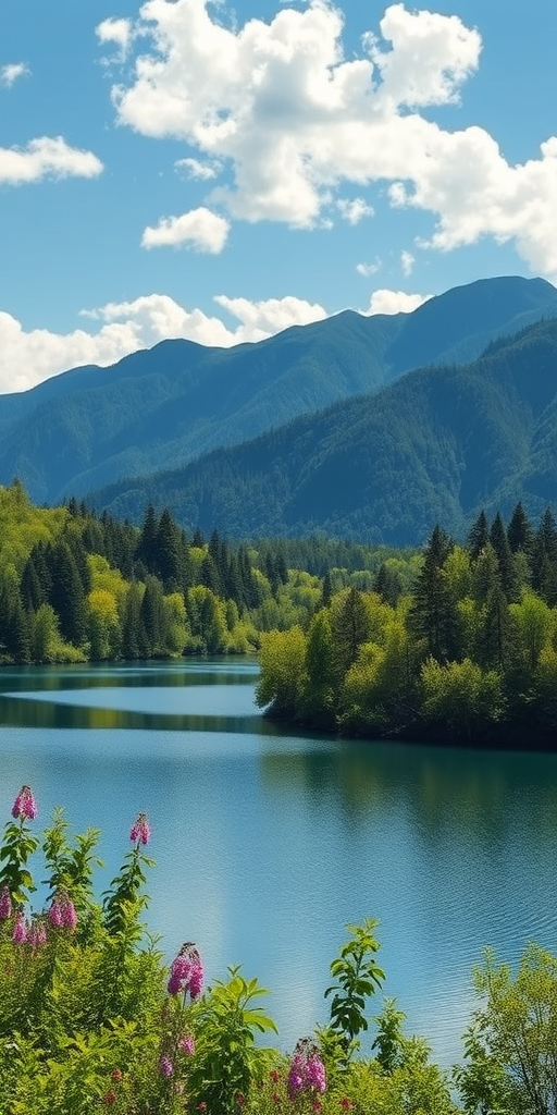 A serene landscape featuring a tranquil lake surrounded by lush greenery and distant mountains, captured with a Canon EOS R5 at f/8, ISO 100, 24mm, using a wide-angle lens in natural light for enhanced clarity and vibrant colors.