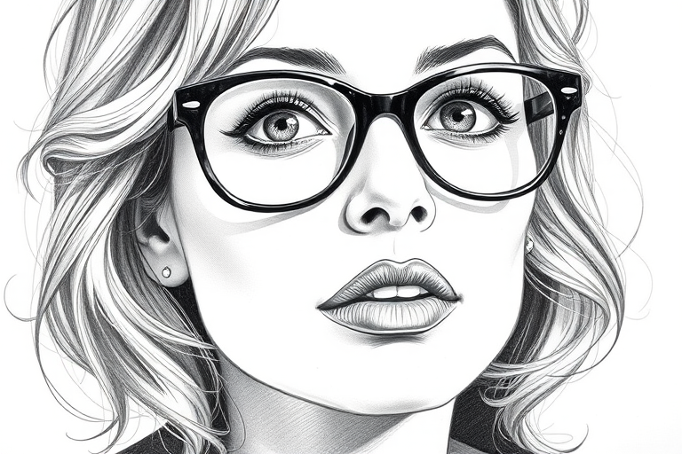 Beautiful Lauren Bacall, pencil sketch, portrait of beautiful woman 60s in glasses, hair style beatnik, outline, clear lines, fine lines, 8k