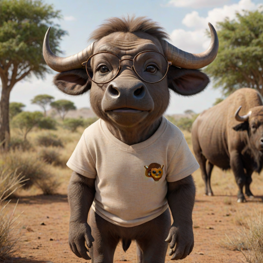 Hyperrealistic 3D render of a smiling cartoon Cape Buffalo wearing glasses and a beige t-shirt with a smaller buffalo image printed on it, missing some teeth, set against a blurred African savanna background, detailed fur, 8k resolution, octane render, artstation trending.