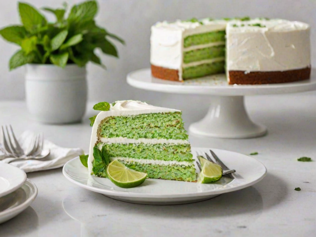 Create an image of a layered mint cake with a smooth white frosting. The cake should have a light green interior and be garnished with fresh mint leaves and lime slices. Display a slice on a white plate in the foreground, showcasing the layers, while the whole cake is elegantly presented on a silver platter in the background. Include a minimalistic kitchen setting.