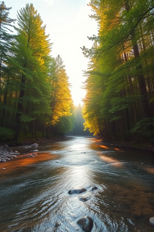 Create an image of a serene, sunlit forest scene with a clear, gently flowing river. Tall trees with lush green foliage line both sides of the river, their leaves bathed in the warm golden light of the setting or rising sun. The sunlight filters through the trees, casting soft, dappled light on the river, which flows over smooth rocks and pebbles, creating a peaceful, natural atmosphere. The sky is bright with a few scattered clouds, and the overall mood is tranquil, evoking a deep sense of connection with nature. The image captures the beauty of a calm, pristine forest landscape at either dawn or dusk.