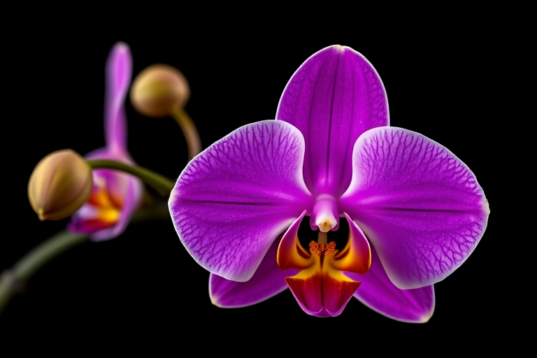 regenerate the image of a vibrant purple and yellow orchid on a black background, using a DSLR camera with a 50mm lens at f/2.8, 1/200 sec exposure, ISO 100, shot in macro view for enhanced detail and clarity, with soft studio lighting for even illumination