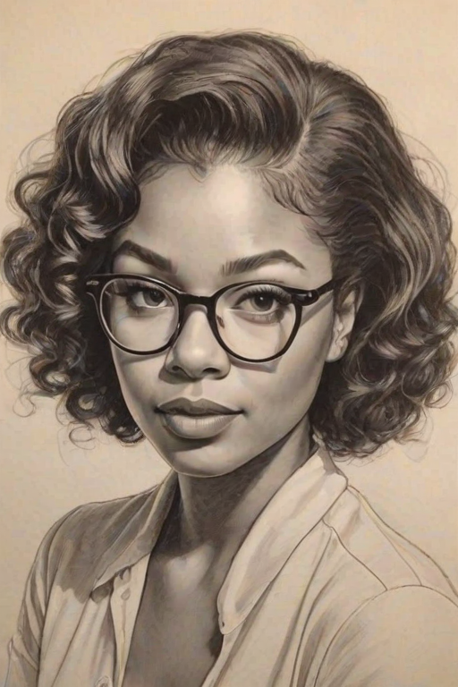 Lovely Jaz Sinclair, pencil sketch, portrait of Splendid woman 1953s in glasses, hair style beatnik, outline, clear lines, fine lines, 8k