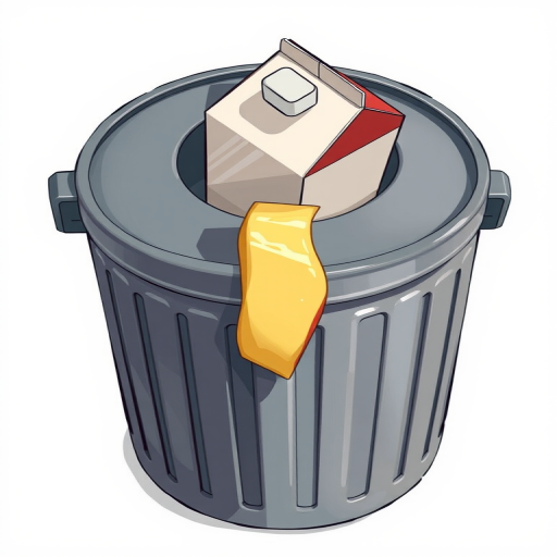Create a detailed illustration of a gray metal trash can with a carton of milk and a discarded apple peel hanging over the edge, using a high-resolution digital art style, camera settings of f/8 aperture, 35mm lens, soft natural lighting, and a top-down view for a clean look.