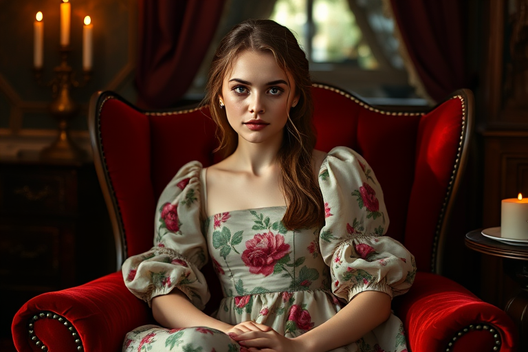 Portrait of a young woman in a vintage floral dress with puffed sleeves, sitting on a luxurious red velvet chair, soft warm lighting, shallow depth of field, 50mm lens, f/1.8 aperture, ISO 100, natural light with candle ambiance, captured with a full-frame DSLR camera.