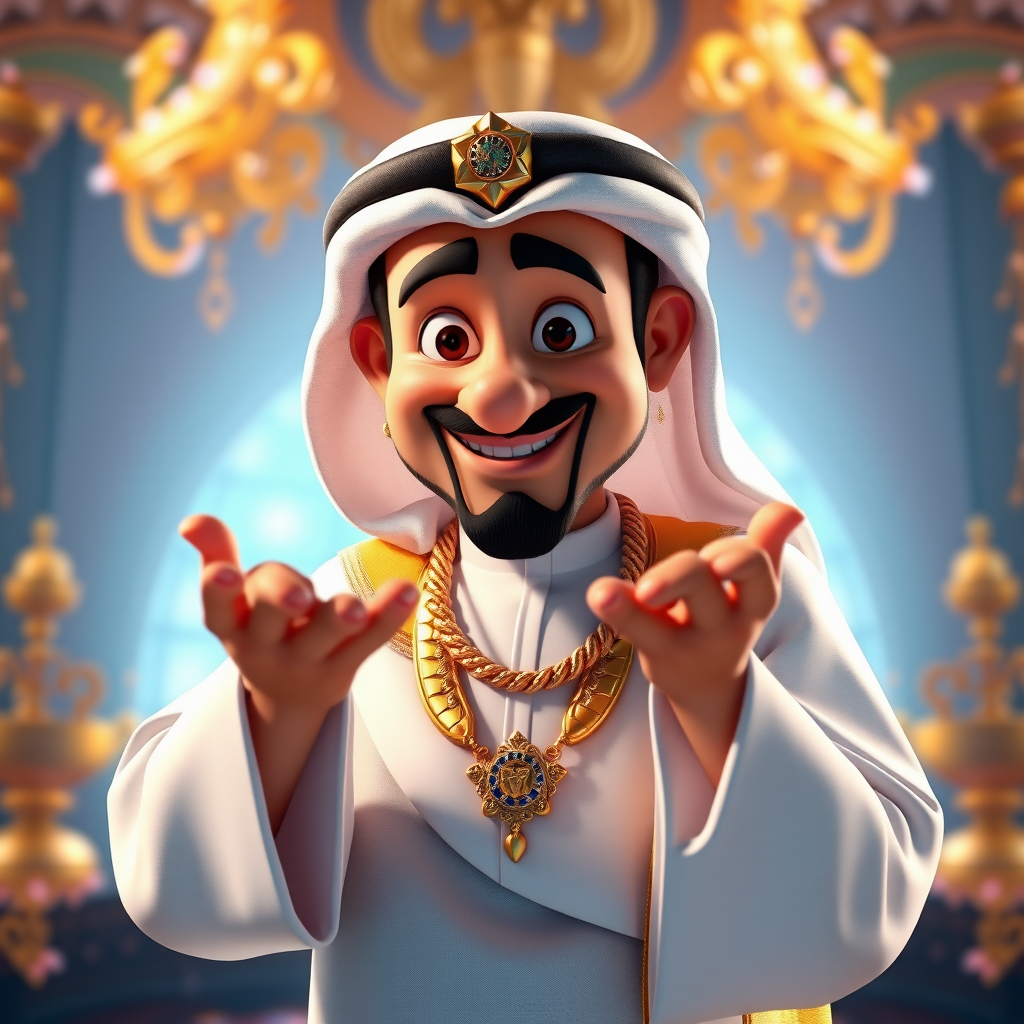 Create a 3D rendering of a wealthy Arab male sheikh from Dubai, inspired by the Disney animation style. The sheikh must have a smile and a playful but wise character. Place your character in an atmosphere of wealth and luxury. The image must be in high resolution format. Dynamic pose above the waist, gesturing with hands (Pixar Art style)++ highly detailed digital painting, art stations, concept art, soft focus, hard focus, illustrations. cinematic, visual effects, HDR, Unreal Engine 5, ray tracing, soft light, 8k, high detail, sparkling backlighting, luxury gem, game art, 3d, cartoon, colorful, magical, mysterious
