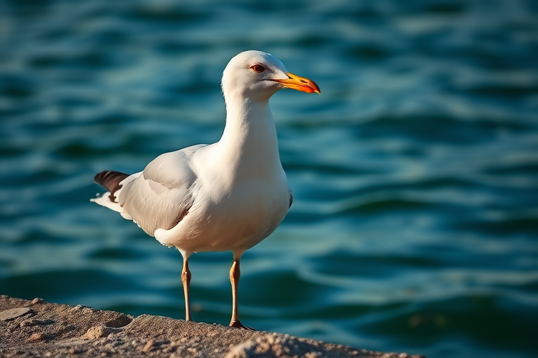seagull near water, soft natural lighting, shallow depth of field, macro lens, f/2.8, ISO 100, 1/200 sec, taken with a DSLR camera, high dynamic range, vibrant colors.