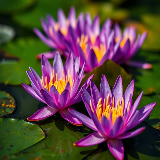 Close-up of purple water lilies on a green pond, captured with a Canon EOS R5, 50mm lens, f/2.8 aperture, 1/200s shutter speed, ISO 100, natural light, vibrant colors, shallow depth of field.