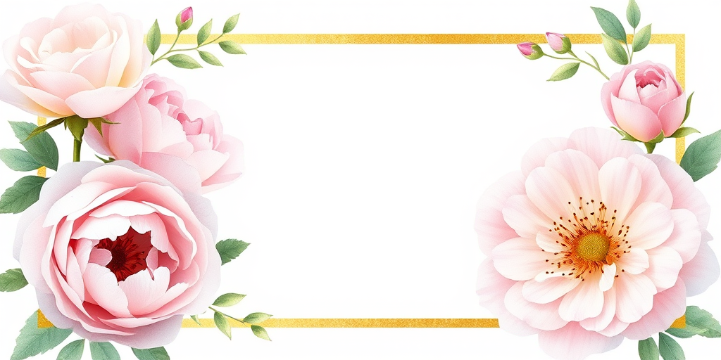 regenerate a floral frame design with delicate watercolor roses and peonies in soft pastel colors, include a golden rectangular border, use a high-resolution setting with a 50mm lens at f/2.8 for shallow depth of field, capture from a slightly elevated angle to enhance composition, use a DSLR camera for optimal image clarity.