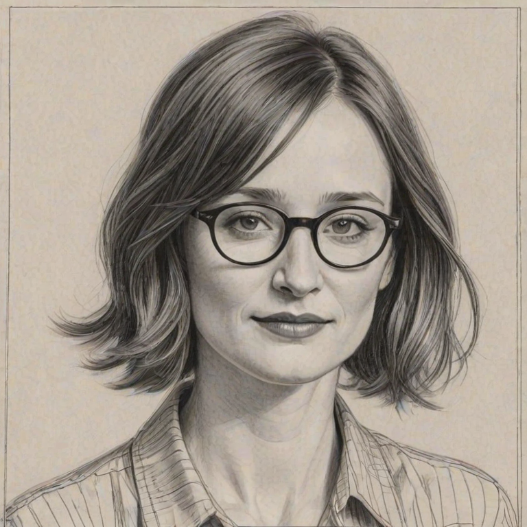 Radiant Emily Mortimer, pencil sketch, portrait of Appealing woman 1923s in glasses, hair style beatnik, outline, clear lines, fine lines, 8k