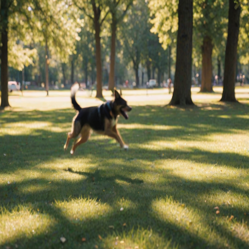 Blurry, candid photo of a dog chasing a frisbee in a park, soft focus on the motion, distant trees casting long shadows, and the sound of children laughing and playing in the background.