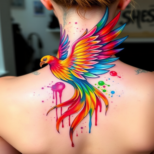 Vibrant watercolor tattoo named "Spectrum Splash" featuring a soaring phoenix with rainbow feathers, dripping paint effects, and iridescent highlights, perfect for those seeking a bold and artistic statement piece on their back