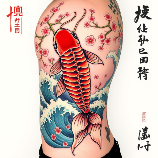 Japanese-inspired irezumi tattoo named "Koi's Ascension" featuring a large-scale, full-body design of a vibrant koi fish swimming upstream through turbulent waves and cherry blossoms, symbolizing perseverance and transformation, with bold colors and flowing lines characteristic of traditional Japanese tattooing techniques