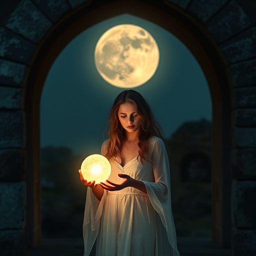 regenerate a fantasy scene featuring a mystical woman holding glowing orbs, set in an ancient stone archway with a full moon in the background, use a Canon EOS R5 camera, aperture f/1.8, shutter speed 1/60s, ISO 100, 50mm lens, soft focus style, high dynamic range for enhanced image quality