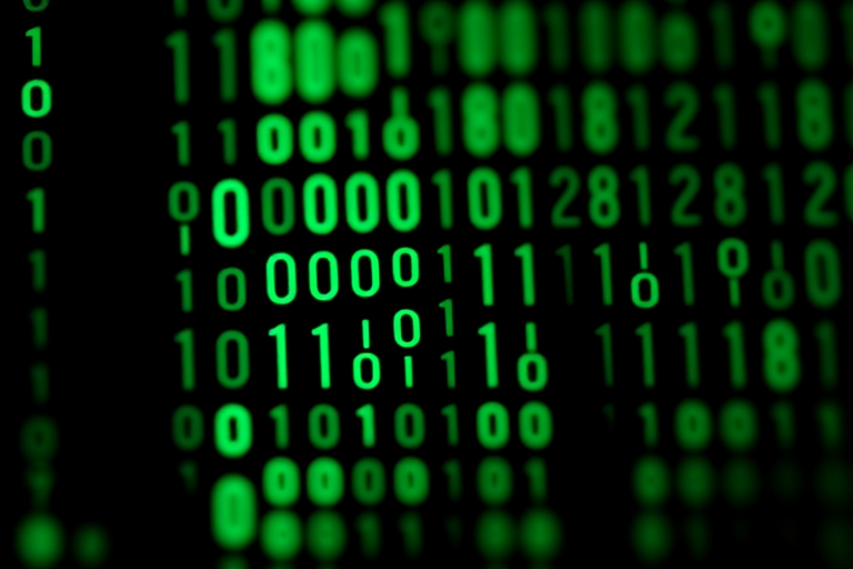 digital art of binary code in green glowing on a black background, close-up shot, f/2.8 aperture, 1/60 sec shutter speed, ISO 100, DSLR camera, macro lens, high contrast, vibrant colors