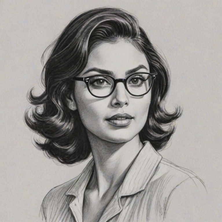 Fascinating Morena Baccarin, pencil sketch, portrait of Delightful woman 1947s in glasses, hair style beatnik, outline, clear lines, fine lines, 8k