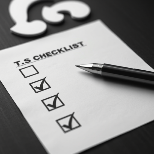 Generate a high-contrast black and white image of a checklist with check marks and a question mark in the background, utilize a Canon EOS R5 camera with an aperture of f/2.8, ISO 100, and a focal length of 50mm, in a flat lay style to enhance clarity and detail.