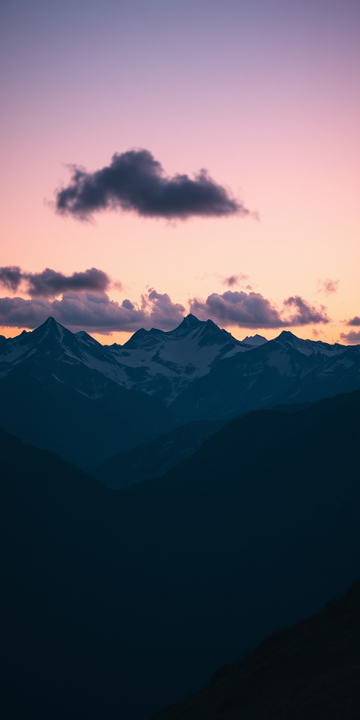 Regenerate a stylized landscape featuring mountains with snow caps under a twilight sky, include fluffy white clouds, create a sense of depth with foreground details, use a DSLR camera, aperture f/8, ISO 100, 24mm lens, shot from a low angle with a wide perspective.