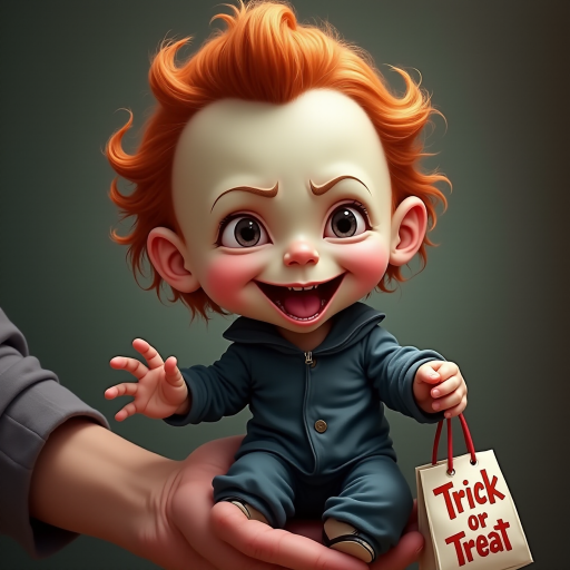 A whimsical caricature of a child version of Michael Myers, grinning mischievously. He is held by the hand of an unrecognizable person (only their hand visible), while holding a bag labeled "Trick or Treat" His facial expression is playful yet slightly menacing, reflecting his iconic figure. The scene is in portrait format with a Halloween theme, featuring exaggerated cartoon details like big eyes, a small body, and a creepy yet light-hearted tone.