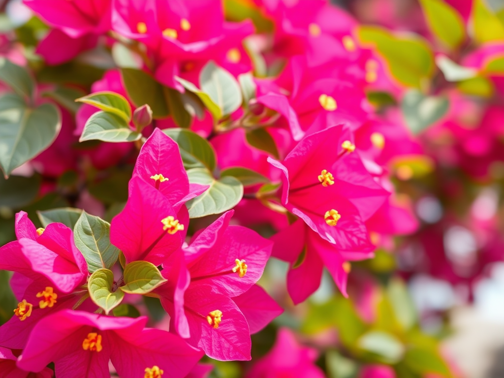 Generate a vibrant image of bougainvillea flowers in full bloom with a shallow depth of field, using a DSLR camera with a 50mm lens, f/1.8 aperture, ISO 400, and natural light, capturing a slight angle from above to enhance the petals' texture and colors.