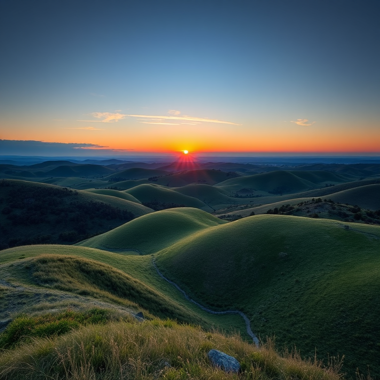 Generate a high-quality image of a serene landscape featuring rolling hills and a vibrant sunset, captured with a Canon EOS R5, 24-70mm lens, aperture f/8, ISO 100, shutter speed 1/125s, using a wide-angle view to encompass the full beauty of the scene.