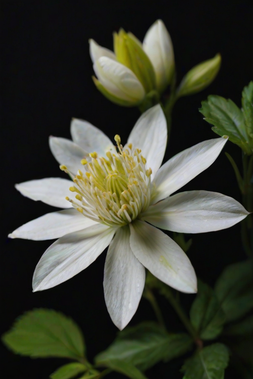 a delicate white flower with soft petals and a hint of yellow at the center, surrounded by green buds and leaves against a dark background