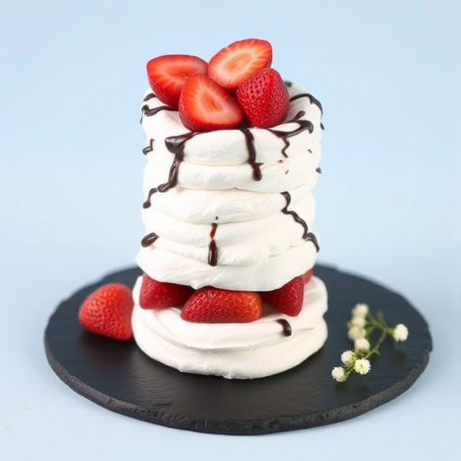 A tall layered dessert made of meringue, filled with whipped cream and fresh strawberries, drizzled with chocolate, on a black slate plate, against a light blue background, garnished with small white flowers.