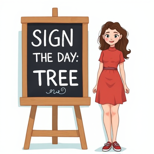 Generate an illustration of a woman standing next to a chalkboard displaying the text "SIGN OF THE DAY: TREE" with a whimsical tree drawing, shot with a Canon EOS R5 at f/4, ISO 200, 50mm lens, in a bright and colorful style, frontal view, with soft lighting for enhanced details.