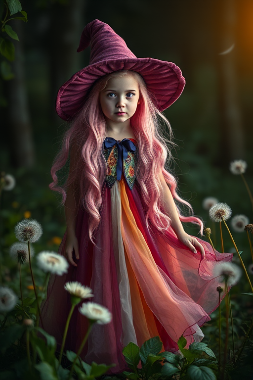 A whimsical fantasy scene featuring a young witch with long pink hair wearing a flowing, colorful dress, standing amidst dandelions and leaves at night; shot with a Canon EOS R5, 85mm f/1.2 lens, natural soft lighting, shallow depth of field, and vibrant colors to enhance details and textures.