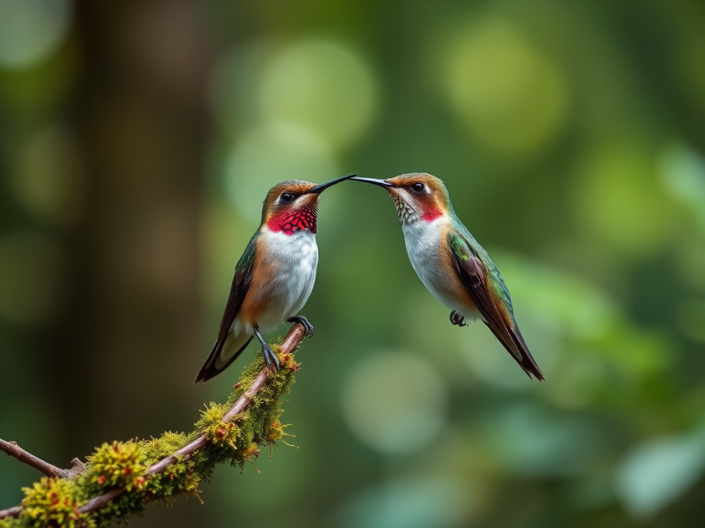 Create an image of a hummingbird perched on a moss-covered branch in a lush forest setting with soft bokeh background, using a DSLR camera with a 300mm lens, aperture set to f/2.8, shutter speed 1/500s, ISO 400, shot from eye level to capture intricate details and vibrant colors.