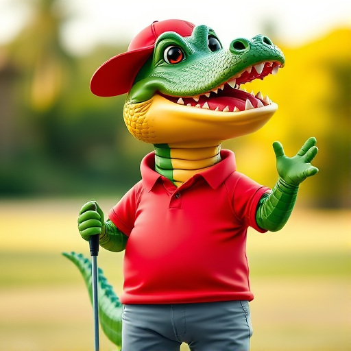 Create a vibrant cartoon alligator character wearing a red golf shirt and a red cap, holding a golf club, with a friendly expression, photographed with a DSLR camera, 50mm lens, f/2.8 aperture, ISO 100, in a well-lit outdoor setting with a shallow depth of field for a sharp focus on the character.