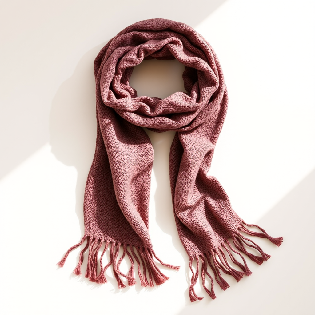 Create a realistic depiction of a woven scarf lying flat on a neutral background with soft natural lighting, using a DSLR camera, with a 50mm lens at f/2.8 for a shallow depth of field, ISO 100, shutter speed 1/125s, in landscape orientation.