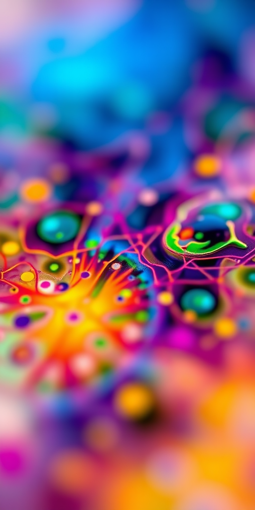 Generate an abstract image with vibrant colors and intricate patterns, using a DSLR camera with a 50mm lens, f/1.8 aperture, ISO 100, and a shallow depth of field, shot from a close-up perspective to enhance details and textures.