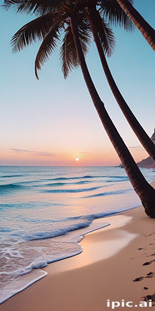 Tranquil Sunset Over Serene Beach with Palm Trees and Gentle Waves