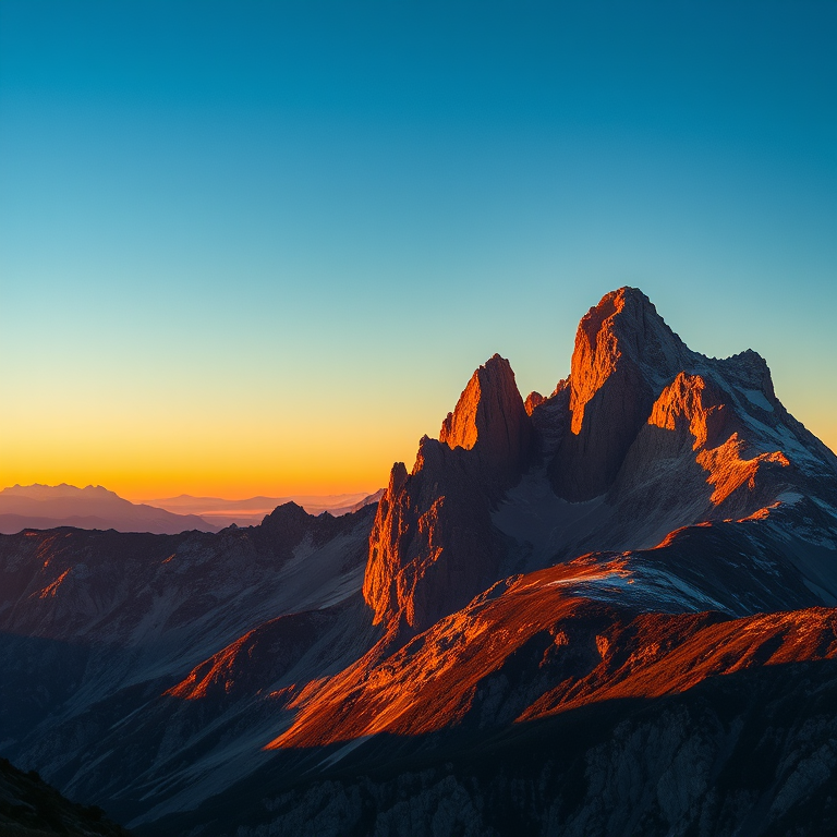 regenerate the image of a mountain landscape during golden hour with dramatic peaks, vibrant colors and shadows, use a Canon EOS R5 camera with a 24-70mm lens, aperture f/8, ISO 100, shutter speed 1/125s, shot from a wide-angle perspective to capture depth and detail in the foreground and background.