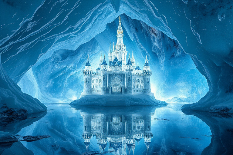 Regenerate an image of a crystal castle in a sparkling ice cave, with detailed reflections and light play, captured with a DSLR camera at f/2.8, ISO 100, 24mm lens, shot in HDR style, ensuring a vivid and high-quality finish.
