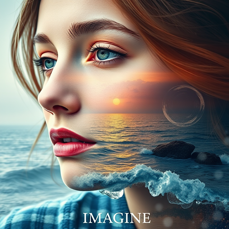 imagine Book cover, A surreal double exposure portrait that blends a woman's face with a beautiful seascape. The overall mood is dreamy and mystical, with rich colors and intricate details