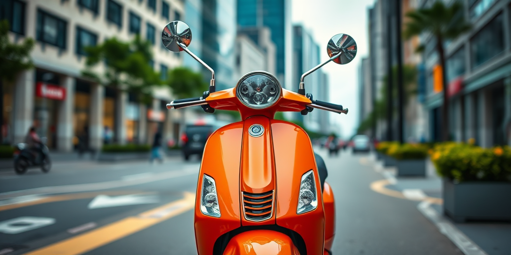 Create a vibrant image of an orange scooter in a city environment, using a DSLR camera with a 50mm lens, aperture set to f/2.8, ISO 200, and shot at a 45-degree angle to capture dynamic background elements and enhance the overall scene depth.