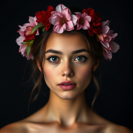 portrait of a young woman with a floral crown featuring pink and red flowers, soft lighting, shallow depth of field, f/1.8, ISO 200, 85mm lens, studio setup, high-resolution, focus on facial features and textures, dark background